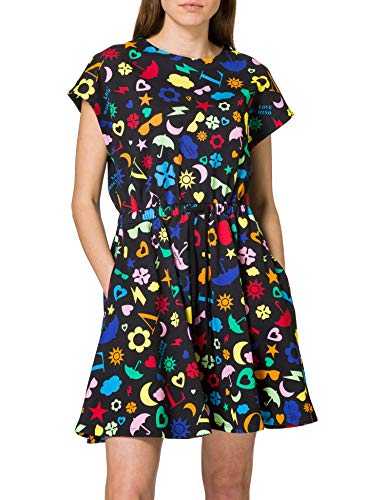 Love Moschino Women's Fleece Dress Allover Multicolor Symbols Print, with Short Sleeves, Flared Skirt and Elastic Belt. Casual, All.Symbol F.ne, 14
