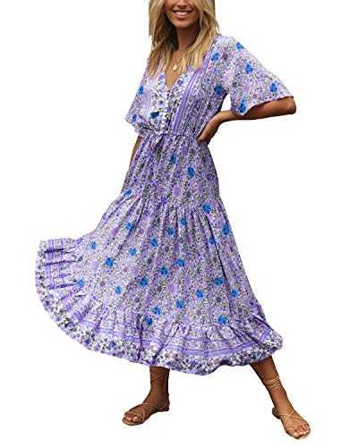 Style Dome Women's Maxi Dresses V Neck Print Bohemian Dress Short Sleeve Midi Dress Beach Dresses Summer Dresses A-Blue XXL
