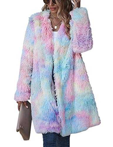 ECDAHICC Women's Rainbow Tie Dye Fuzzy Fleece Long Sleeves Jackets Wool Faux Fur Teddy Bear Long Cardigan Coat Outwear
