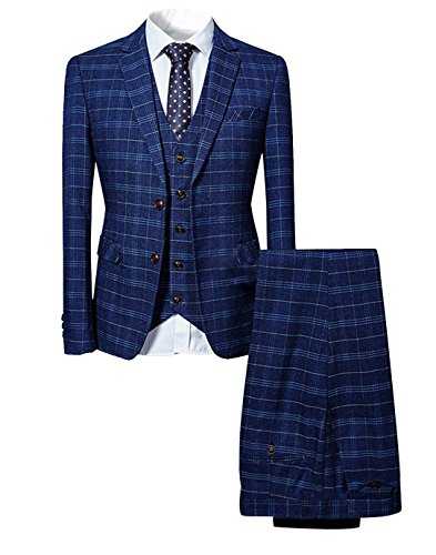 Allthemen Mens Suits 3 Piece Slim Fit Checked Suit Single Breasted Herringbone Vintage Tuxedo Formal Business Blazer Waistcoat Trouser