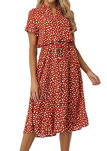 Derssity Women's Summer Dresses Vintage Style Shirt Dress Button Down V Neck Midi Dress Short Sleeve Orange Red