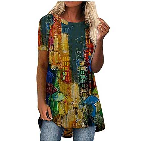 AMhomely Women Shirts and Blouse Sale Clearance,Ladies O-Neck Short Sleeve Printed Long T-Shirt Blouse Loose Tops Shirts Elegant Tunic Shirts Tops Office UK Size Christmas