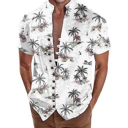 Kmdwqf Hawaiian Shirts for Men,Mens Hawaiian Shirt Beach Holiday Shirt Mens Cuff Button Stand Collar Shirt Discounted Items for Sale