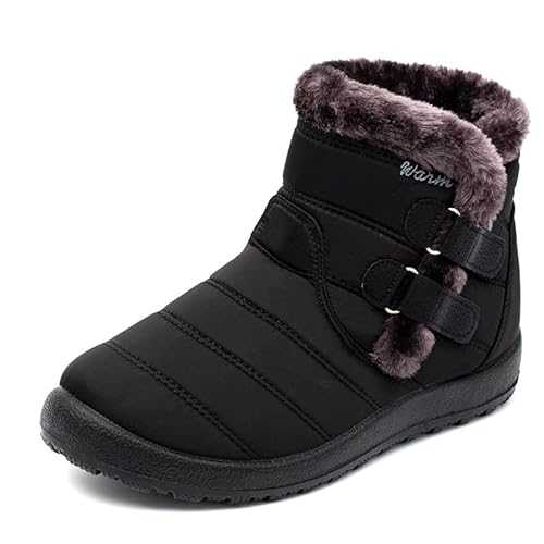 Womens Winter Snow Boots Waterproof Fur Lined Warm Short Ankle Booties Velcro Closure Ladies Outdoor Flat Hiking Walking Shoes Thermal Anti-Slip Athletic Shoes