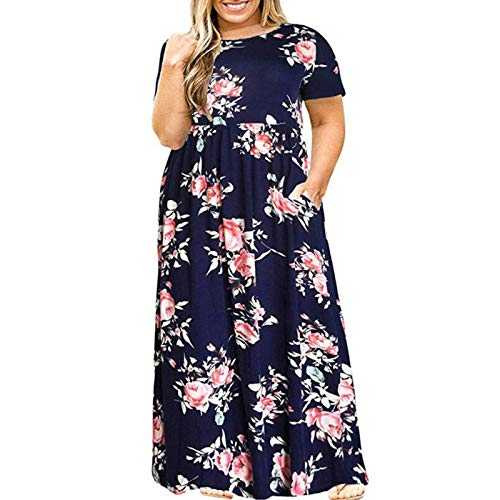 AMhomely Summer Dresses for Women Plus Size Casual O-Neck Summer Short Sleeve Print Loose Pocket Long Dress Long Party Elegant Dress Ladies Dresses Sale Clearance UK Size
