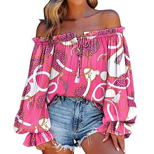Women Summer Off Shoulder Shirt Floral Print Casual Long Sleeve Off Shoulder V Neck Tops Retro Ethnic Style Loose Blouse Features: Plus Size Tops for Women Tunic
