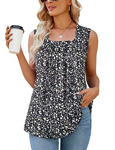 Syphiby Summer Tank Tops for Women Loose Fit Pleated Square Neck Curved Hem Flowy Sleeveless Tops