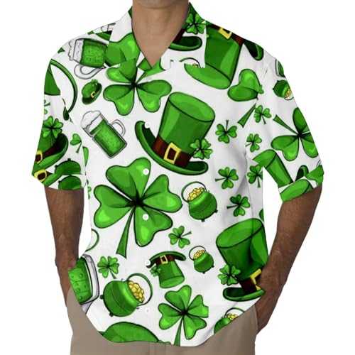 NQyIOS Mens St. Patrick's Day Shirt Green Clover Printed Short Sleeve Hawaiian Shirts Lucky Irish Shamrock Button Down Beach Shirts Saint Patricks Day Leprechaun Costume Festive Holiday Party Tops