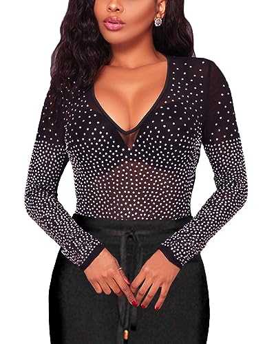 MAYFASEY Women Sheer Mesh Tops Stretchy Long Sleeve See Through Tee Shirt Blouse Clubwear