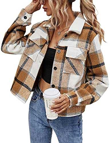 SCUSTY Women's Fall Fashion Cropped Shacket Plaid Jackets Short Flannel Shirt Coat