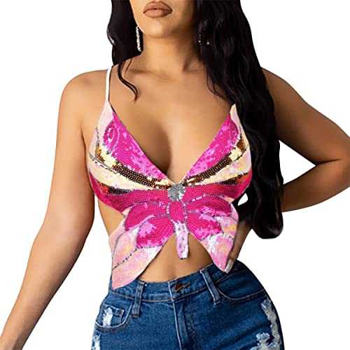Belly Dance Crop Top for Women, Butterfly Sequin Halter Top Bandage Tank Top, Strappy Backless Tube Top Tank Sleeveless Vest Costume for Belly Dance, Latin Dance, Party Club