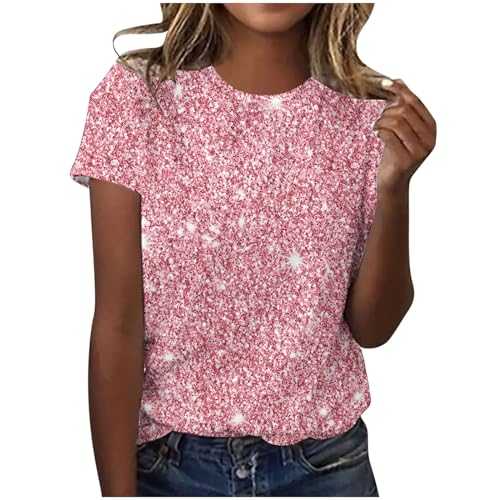 Sparkling Tops for Women Clearance Summer Tee Shirts Short Sleeve Blouses Glitter Going Out Top Shiny T Shirt Trendy Round Neck Blouses Solid Color Shirt Ladies Loose Fit Tunic Tops