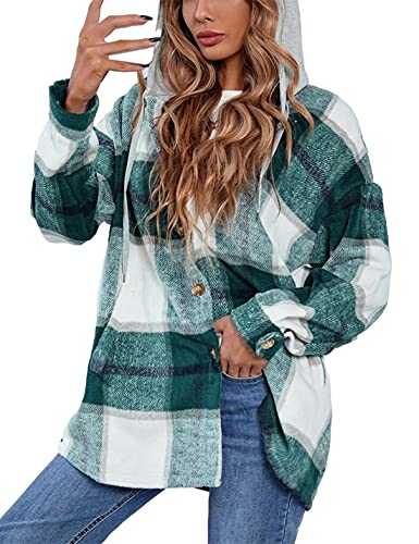Zontroldy Womens Hooded Shacket Jacket Oversized Casual Flannel Plaid Wool Blend Button Down Shirt Coat Jackets