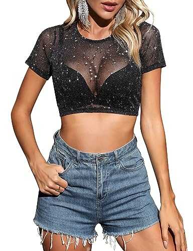 Voqeen Womens Mesh Top Glitter Sheer Tops Scoop Neck Long Sleeve See Through T Shirt Blouse Y2K Clubwear Halloween Costume Black (Bra Not Included)