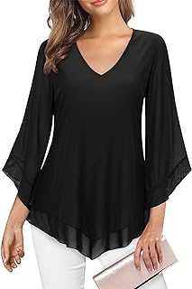 Gemulate Womens Blouse Ruffle 3/4 Sleeve Blouses for Women V Neck Chiffon Tunic Tops Double Layers Mesh Shirts