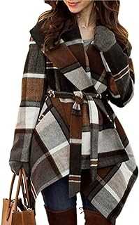 Chicwish Women's Turn Down Shawl Collar Earth Tone Check/Black White Grid/Black/Plum/Cream/Pink Wool Blend Coat