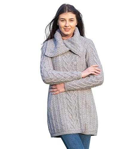 SAOL 100% Merino Wool Classic Cable Coat for Ladies, in Natural/Army Green/Grey/Navy