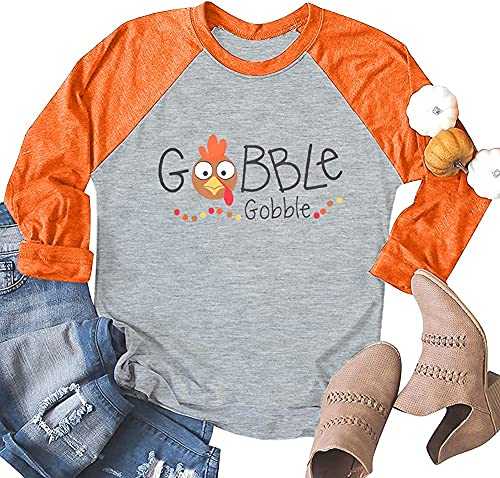 KIDDAD Gobble Gobble Baseball T-Shirt Women Thanksgiving Turkey Print 3/4 Sleeve Raglan Tops Tees