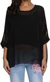 OUKIN Women Boho Stripe Sheer Chiffon Blouse Loose Batwing Sleeve T-Shirt Tunic Pullover Tops