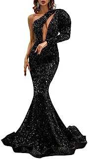Miss ord Women's One Shoulder Off Cutout Formal Sequin Prom Dress Floor-Length Mermaid Maxi Party Gown