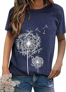 Dresswel Women Dandelion T-Shirt Cute Graphic Print Crew Neck Short Sleeve Summer Tops Basic Tshirts