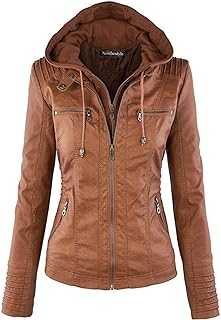 Newbestyle Faux Leather Jacket for Women Hooded Moto Biker Jacket Full Zip Pleated Overcoat Casual Coat Warm Tops