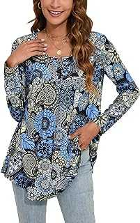 Enmain Women's Tunic Tops Casual Long Sleeve Blouse Tunic Top for Ladies Round Neck Longline Blouses Shirts Plus Size Swing Tunic Button Up