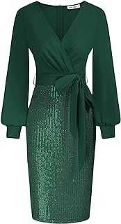 GRACE KARIN Women Elegant Formal Sequins Dresses Wrap V Neck Long Sleeves Midi Bodycon Party Dress
