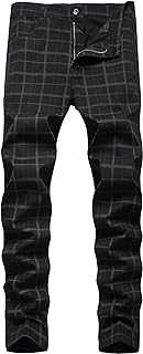 FEOYA Men's Straight Leg Plaid Dress Chino Trousers/Casual Slim Fit High Elastic Pants, Cotton, Mid Waist, Classic, High End, All Seasons, Size 28-42