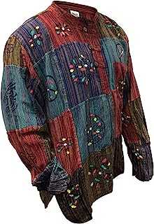 SHOPOHOLIC FASHION Mens Patchwork Stripe Stonewashed Hippie Grandad Shirt, Handmade Long Sleeve Festival Clothing