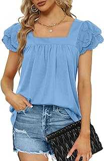 Aokosor T Shirts for Women Square Neck Tops Ladies Lace Sleeve Summer Loose Tee