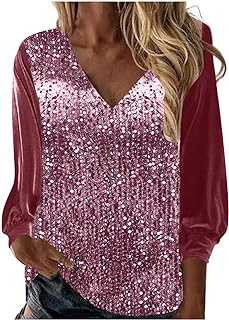 Saxrel Blouses for Women UK Plus Size Black Sparkly Tops Ladies Sparkly Jumpers Sequin Blouse Solid Wlwgant V Neck Tops Sequin Jumpers Long Shirts UK Glitter Top A99 Army Green