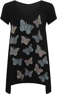 WearAll Plus Size Womens Butterfly Print Short Sleeve Ladies Hanky Hem T-Shirt Top - 14-28