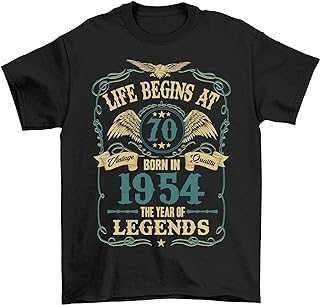 buzz shirts Mens 70th Birthday T-Shirt, Life Begins at 70, Made from Organic Cotton, Born in 1954