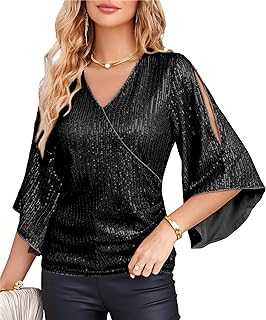 GRACE KARIN Women's Sequin Tops 3/4 Sleeve Glitter Sparkly Party Blouse Wraped V-Neck Fall Going Out Shirt