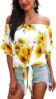 Hibluco Womens Off Shoulder Tops Sexy Floral Print Crop Tops Summer Blouses T-Shirt