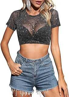 Voqeen Womens Mesh Top Glitter Sheer Tops Scoop Neck Long Sleeve See Through T Shirt Blouse Y2K Clubwear Halloween Costume Black (Bra Not Included)