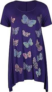Womens Butterfly Print Ladies Stretch Uneven Hanky Hem Round Scoop Neckline Bead Glitter Long T-Shirt Top Plus Size