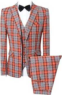 Mens One Button Slim Fit Three Piece Checked Suit Blazer+Waistcoat+Pants