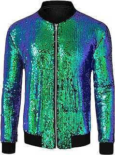 Lars Amadeus Men's Varsity Jacket Halloween Party Disco Shiny Sparkly Glitter Sequins Bomber Jacket