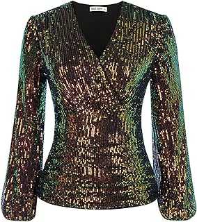 GRACE KARIN Women's Sequin Tops for Party Evening Glitter Sparkly Blouse Dressy Ruched Wrap Tops