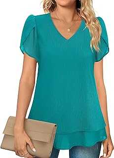 Furnex Women's Short Sleeve Tunic Shirt Pleated Mesh Blouses Summer Floral Tops